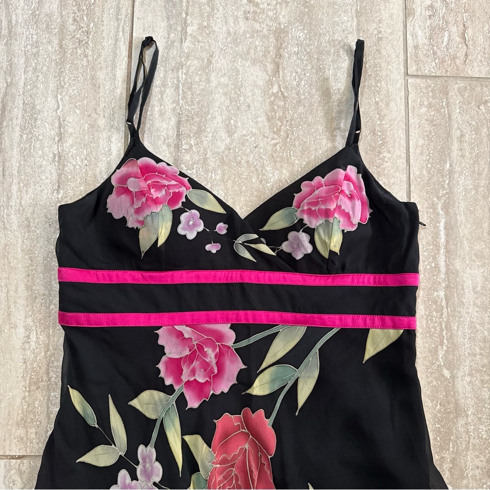 Sue Wong Vintage Y2K Silk Slip Dress Rose Floral print Black/ red Ombré Size 6 - Picture 4 of 8